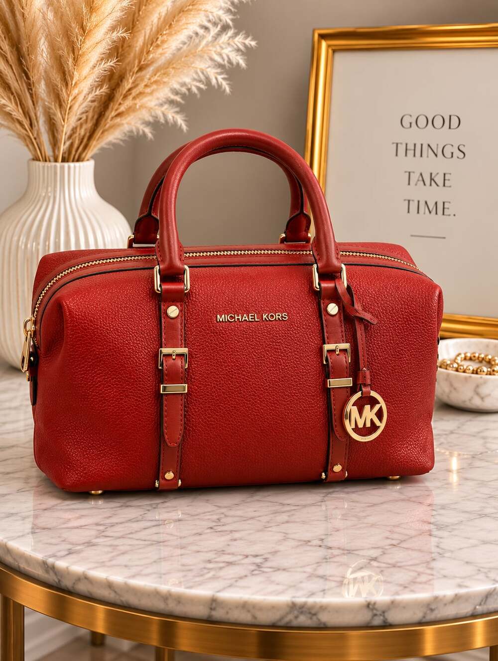 Michael Kors Bedford Legacy Pebbled Leather Duffel Satchel Red